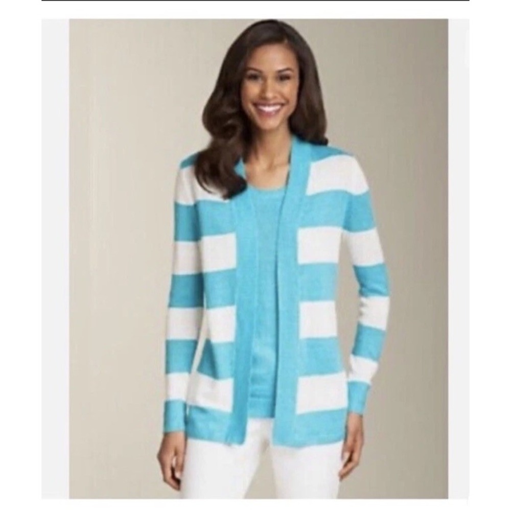Talbots Striped Cardigan Sweater Turquoise Blue‎ White Linen Open Front Size 2XP